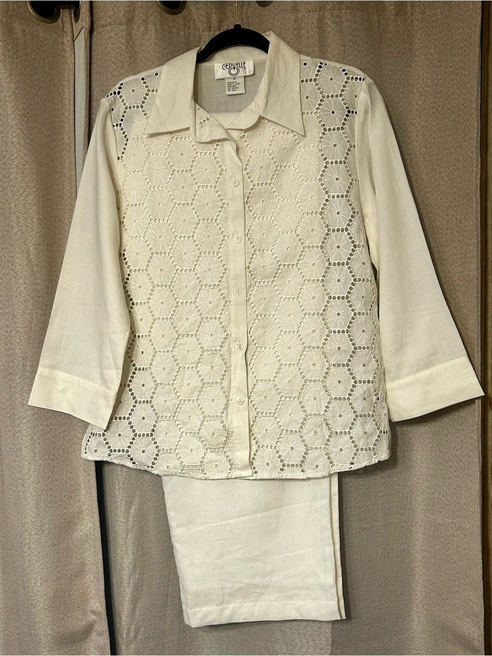 Vintage 2 pc Cervelle Cream Eyelet Lace Button-Up Womens Blouse & Lined Pants M